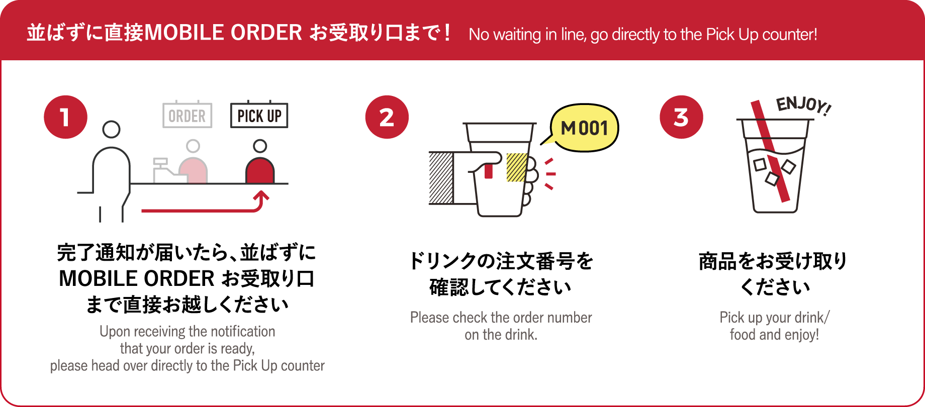 並ばずに直接MOBILE ORDER お受取り口まで！ No waiting in line, go directly to the Pick Up counter! 1 店舗に付いたら、MOBILE ORDER お受取り口まで直接お越しください Upon arriving at the store, head over to the Pick Up counter 2 注文番号をお伝えください注文内容の確認をします Tell us your order number and we'll confirm your order 3 商品をお受け取りください Pick up your drink/food and enjoy!